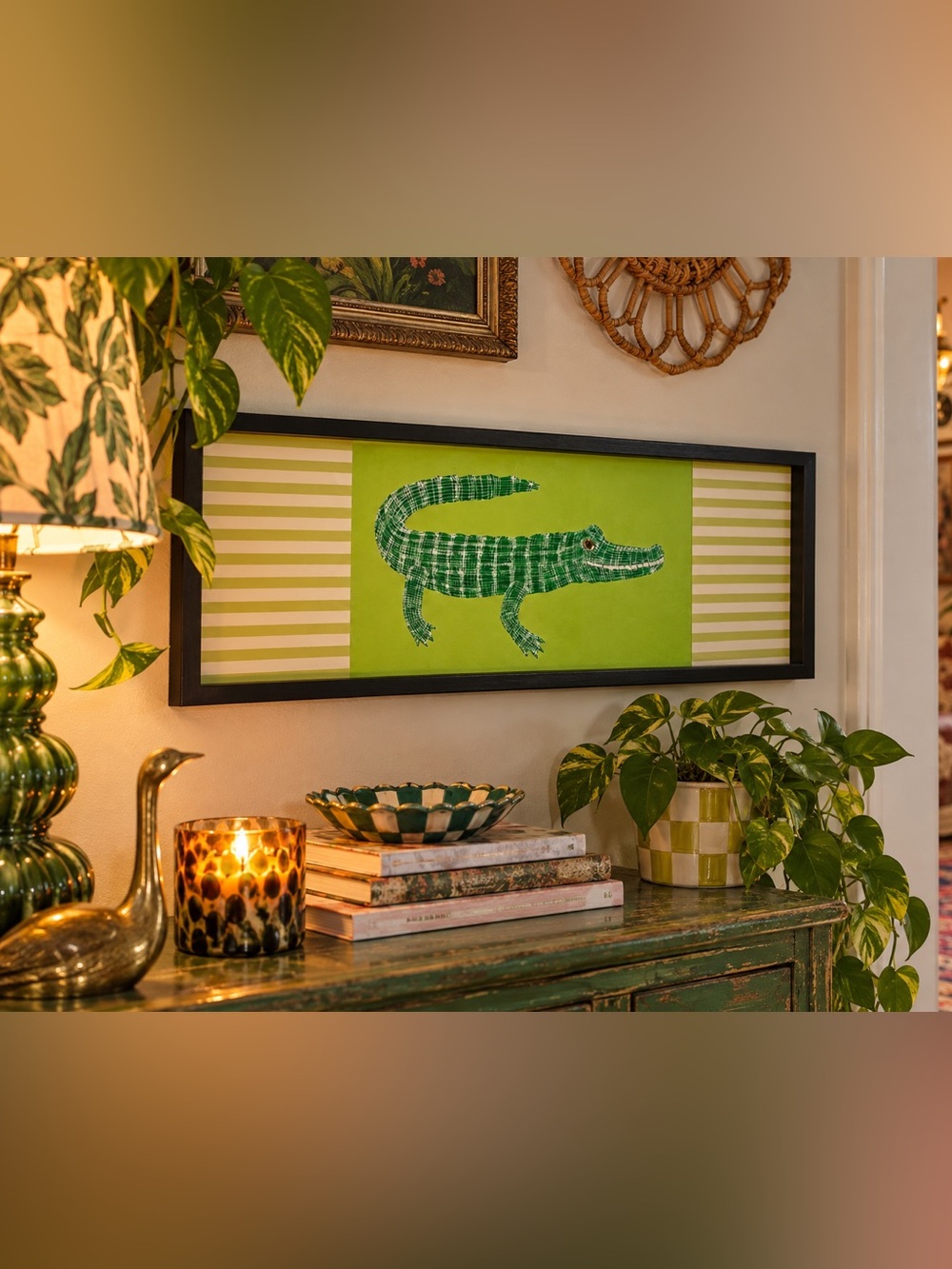 Alligator Stripe Gator Canvas Art Print Crocodile Lizard Black Framed Green Art